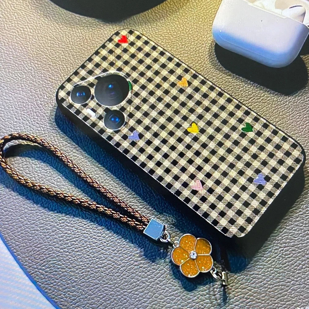 Checkered Black Phone Case with Strap